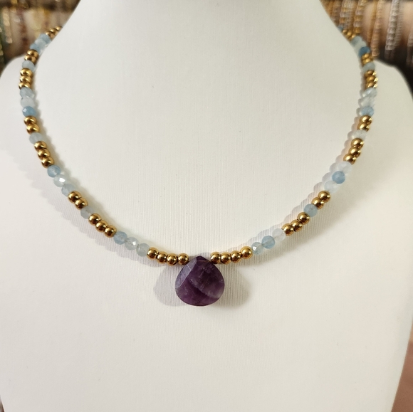 Handmade Aquamarine And Amethyst Beaded Necklace - Picture 1 of 7